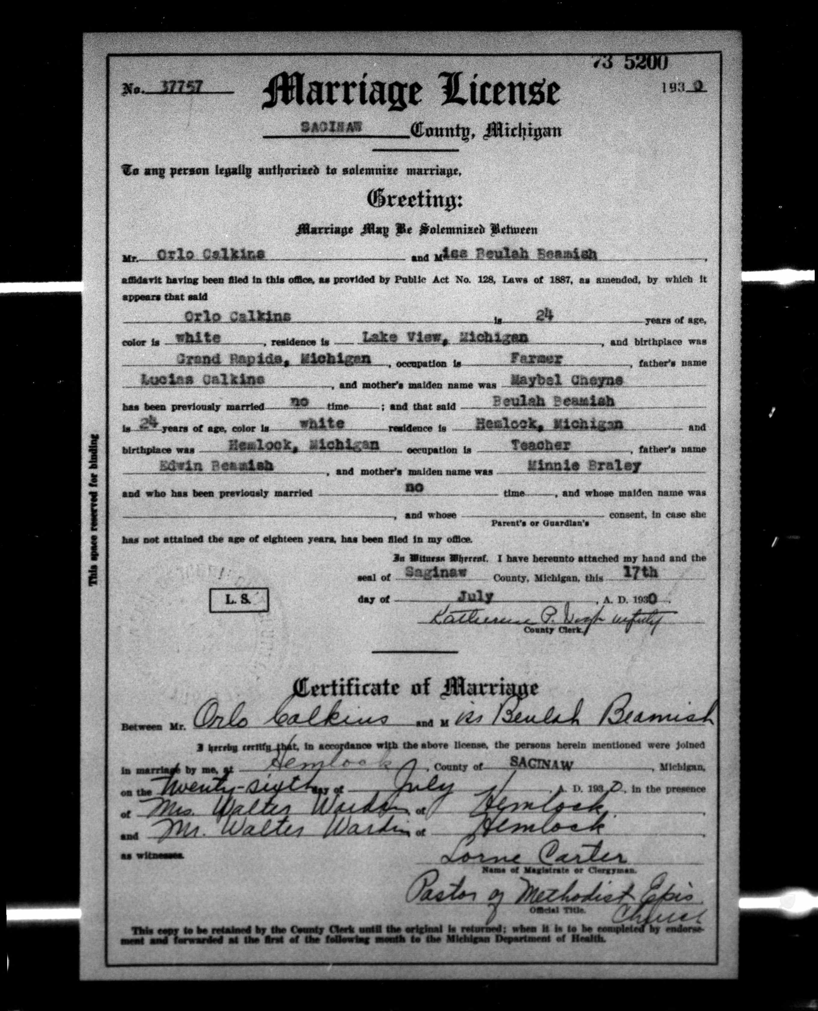 Michigan, US, Marriage Records, 1867-1952 - Orlo Clair Calkins