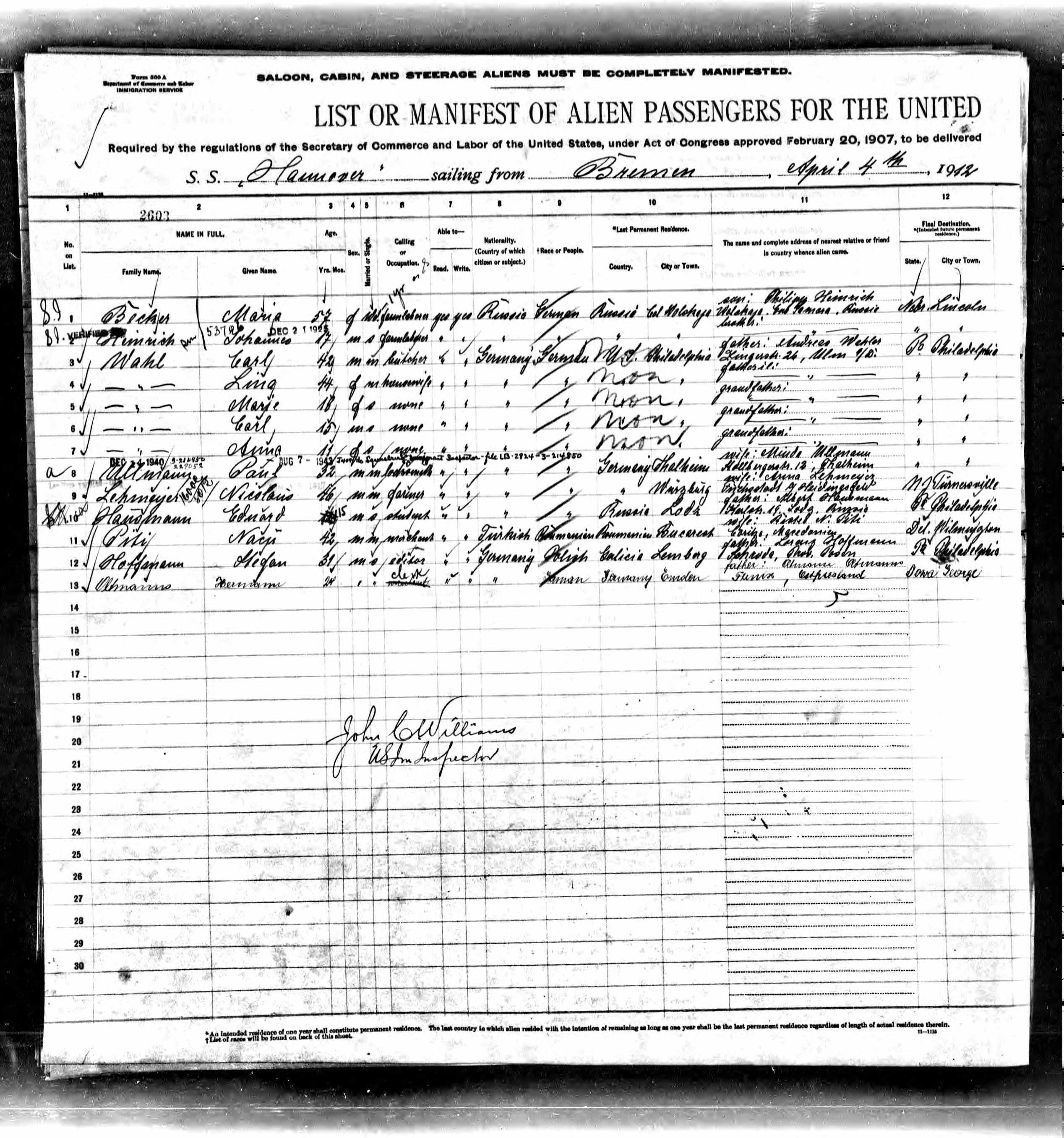Pennsylvania, Passenger and Crew Lists, 1800-1962 - Johannes Heinrich